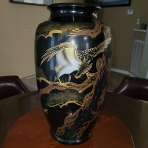 Large 16" Vintage Japanese Black Porcelain Vase Gold Gilt Bird Design